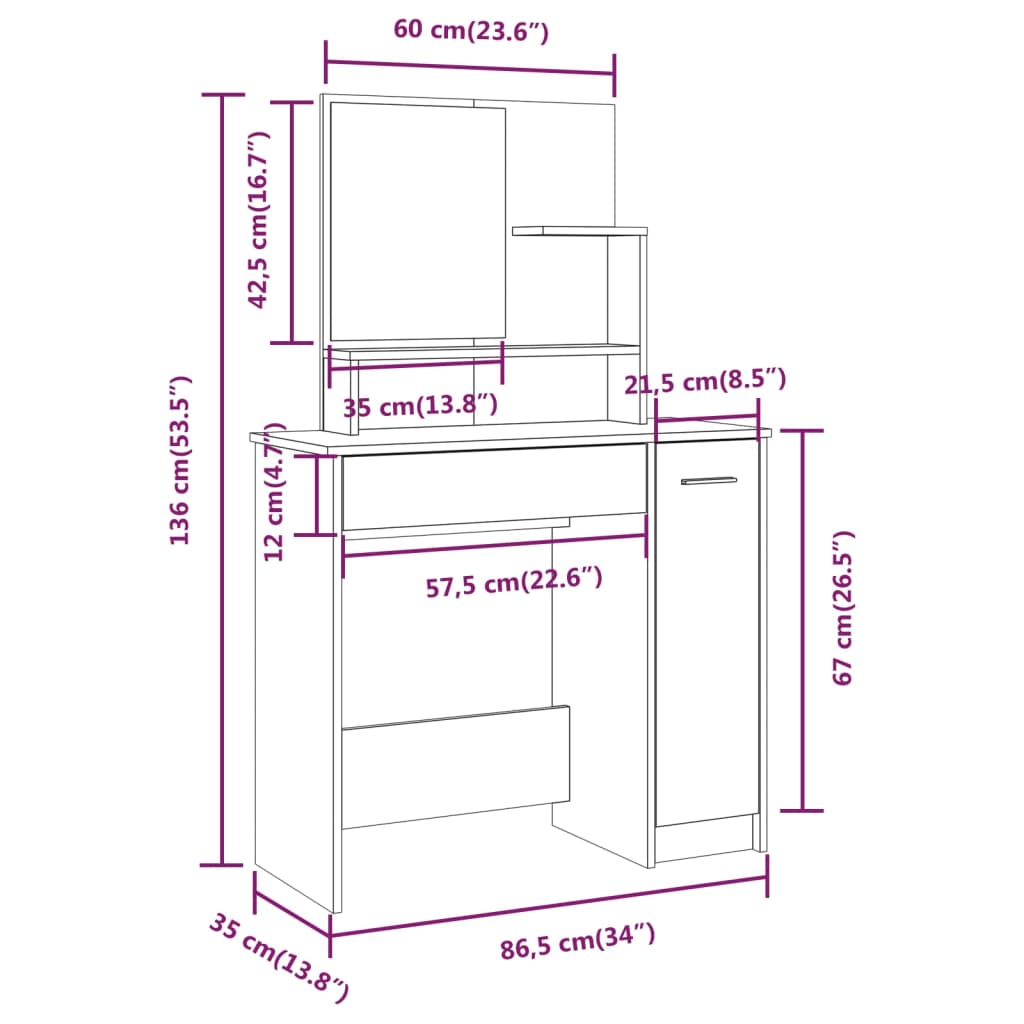 vidaXL Dressing Table with Mirror Smoked Oak 86.5x35x136 cm