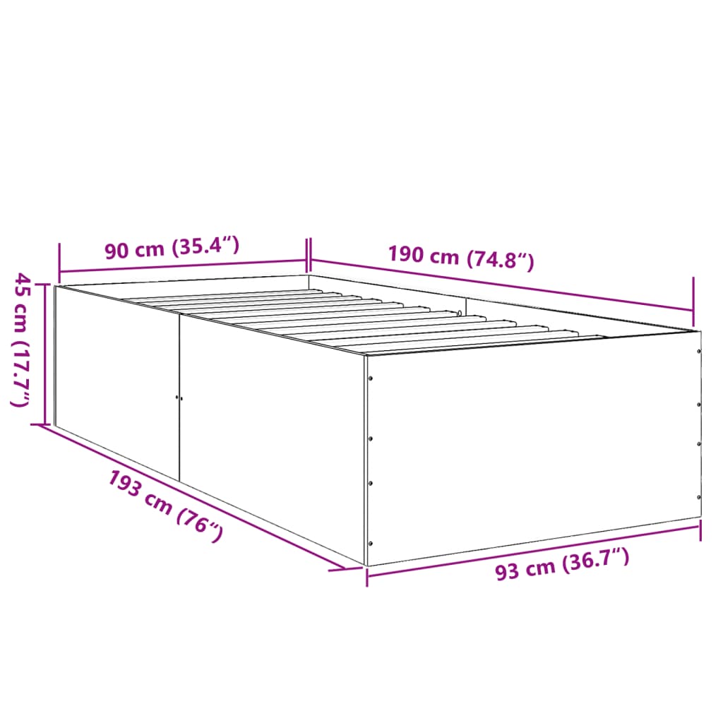 vidaXL Bed Frame without Mattress Grey Sonoma 90x190 cm Single