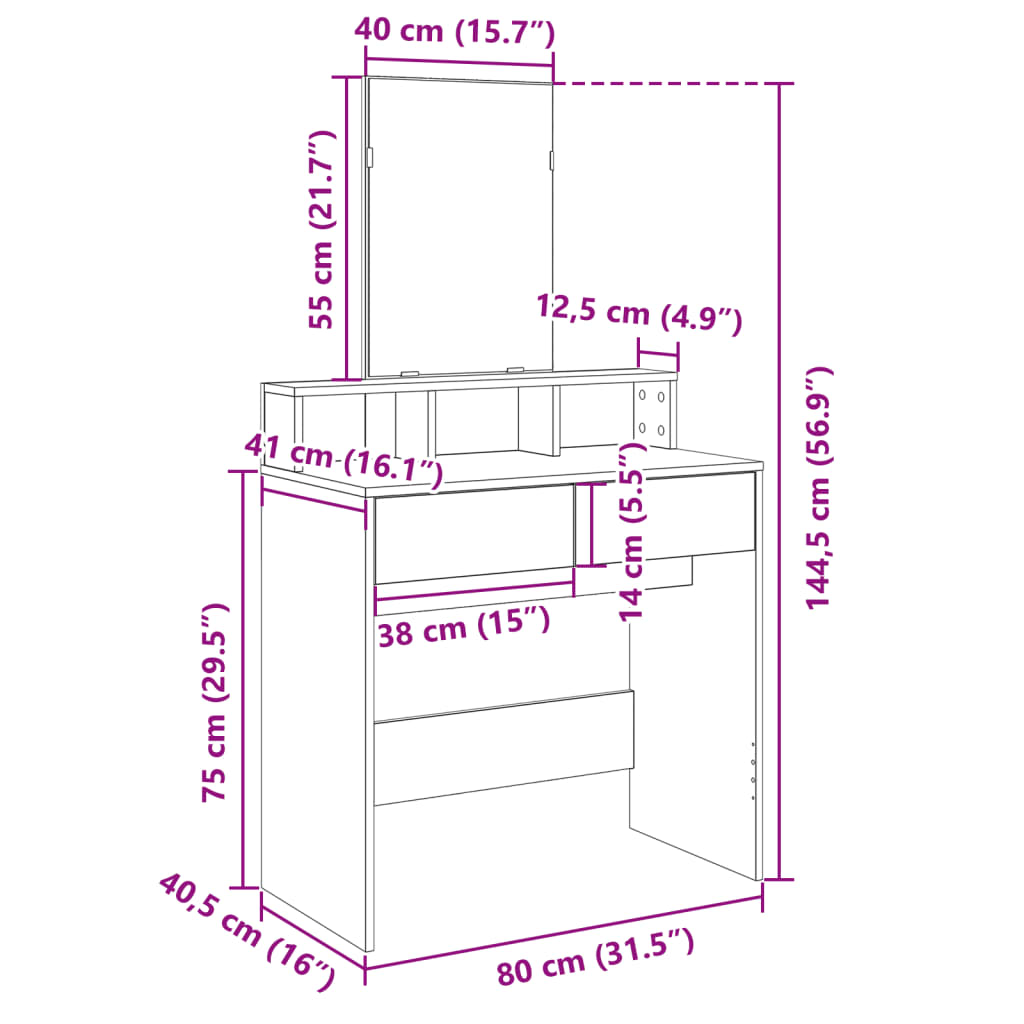 vidaXL Dressing Table with Mirror Sonoma Oak 80x41x144.5 cm