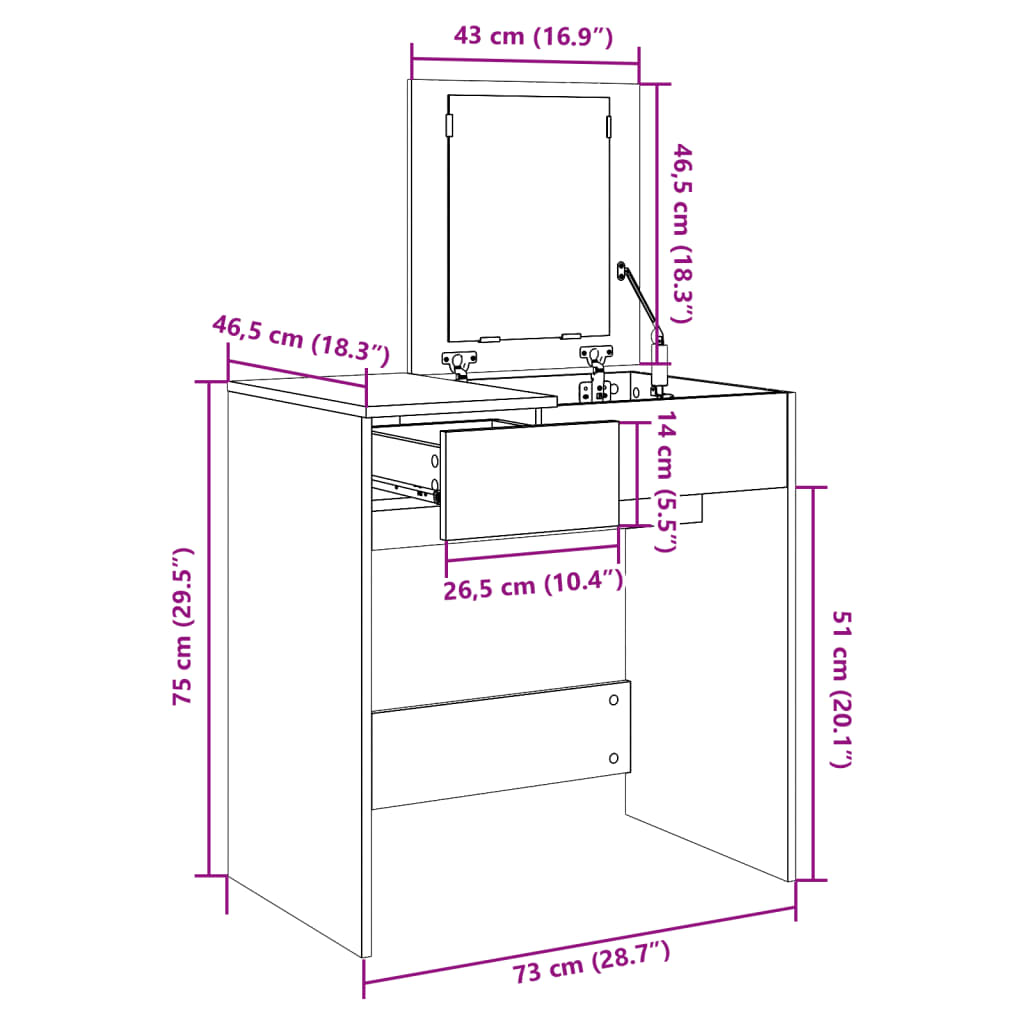 vidaXL Dressing Table with Mirror Smoked Oak 73x46.5x120 cm
