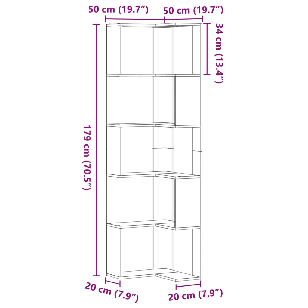 vidaXL Corner Bookcase 5-Tier Black 50x50x179 cm Engineered Wood