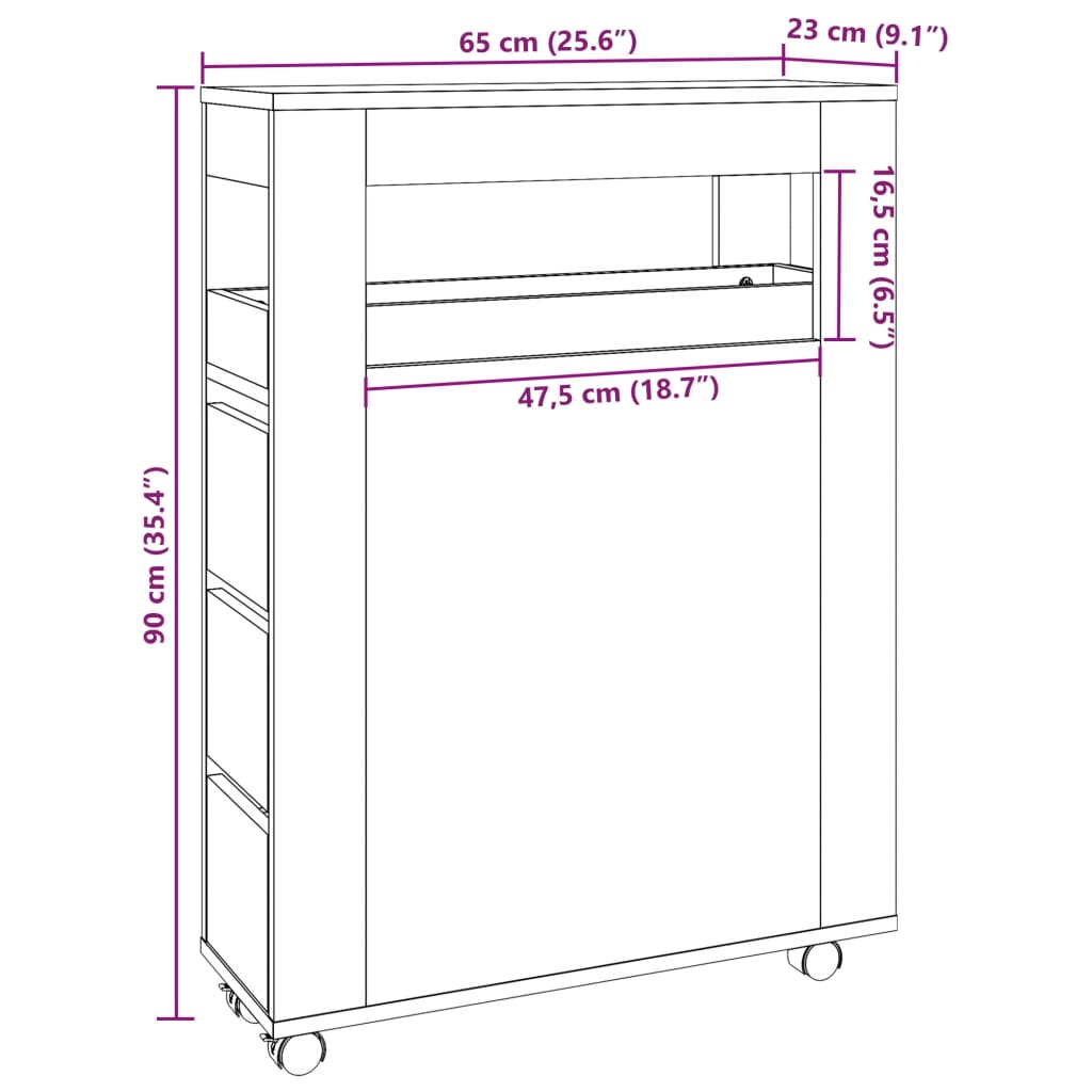 vidaXL Narrow Bathroom Cabinet with Wheels Grey Sonoma Engineered Wood